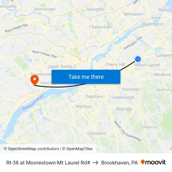 Rt-38 at Moorestown-Mt Laurel Rd# to Brookhaven, PA map