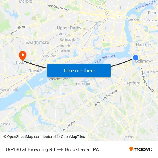 Us-130 at Browning Rd to Brookhaven, PA map