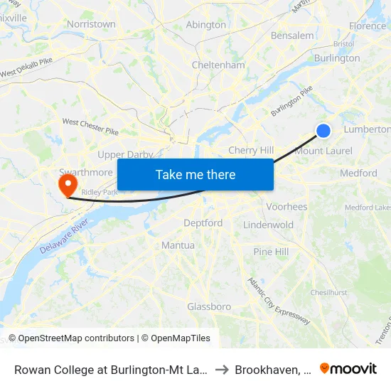 Rowan College at Burlington-Mt Laurel to Brookhaven, PA map