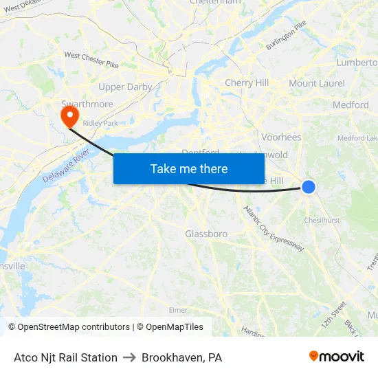Atco Njt Rail Station to Brookhaven, PA map