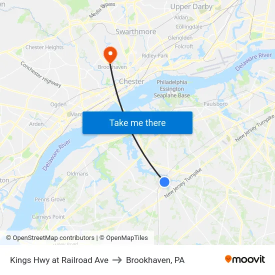 Kings Hwy at Railroad Ave to Brookhaven, PA map