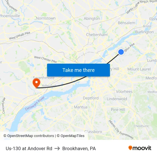 Us-130 at Andover Rd to Brookhaven, PA map