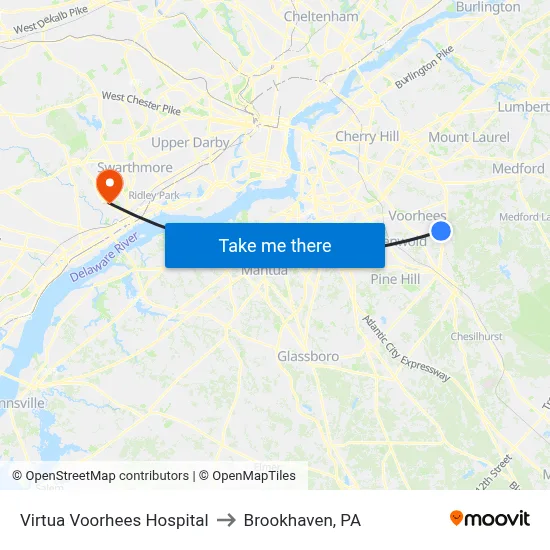 Virtua Voorhees Hospital to Brookhaven, PA map