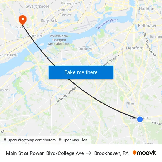 Main St at Rowan Blvd/College Ave to Brookhaven, PA map