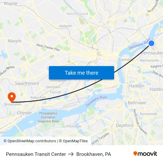 Pennsauken Transit Center to Brookhaven, PA map