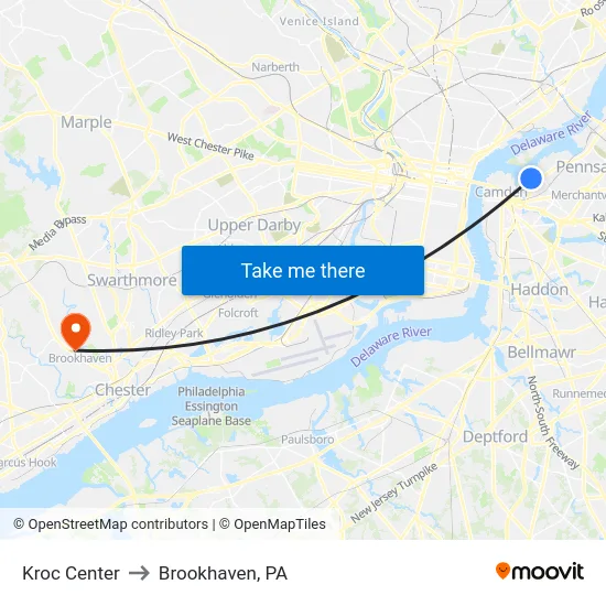 Kroc Center to Brookhaven, PA map