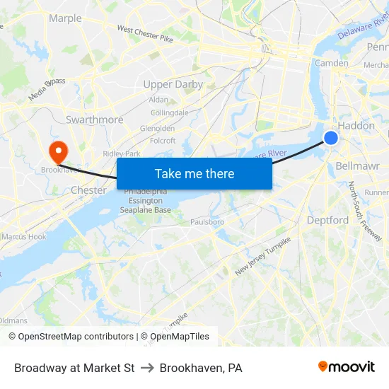 Broadway at Market St to Brookhaven, PA map