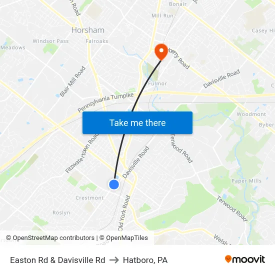 Easton Rd & Davisville Rd to Hatboro, PA map
