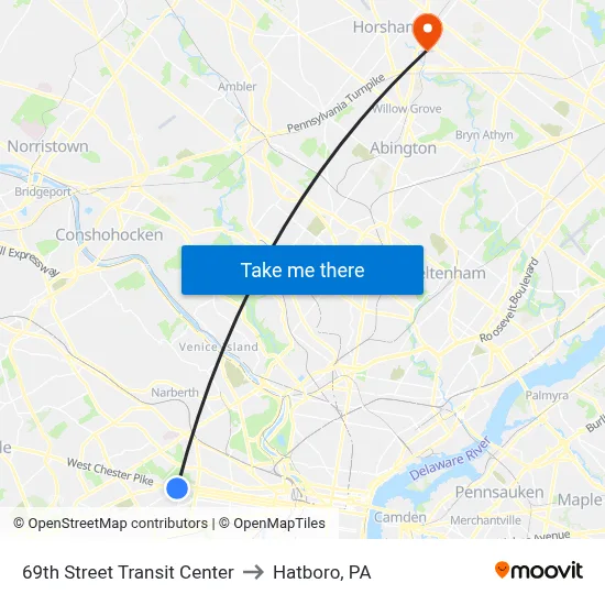 69th Street Transit Center to Hatboro, PA map