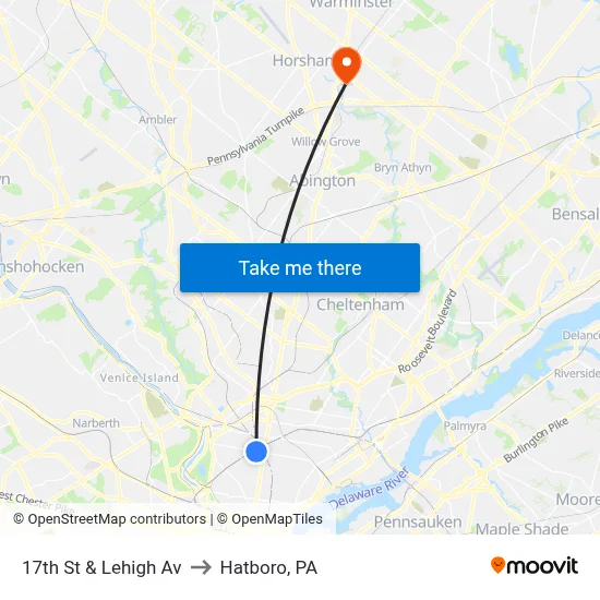 17th St & Lehigh Av to Hatboro, PA map