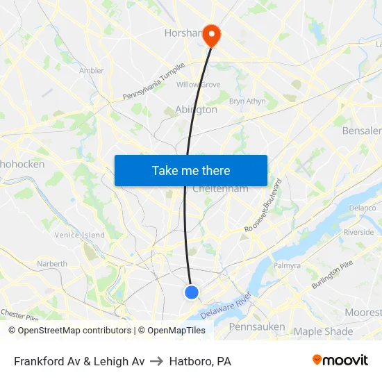 Frankford Av & Lehigh Av to Hatboro, PA map