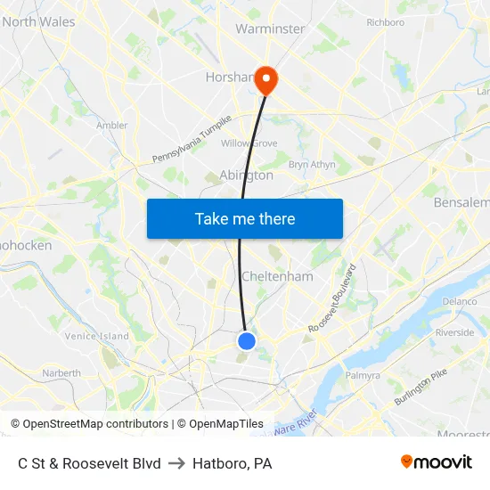C St & Roosevelt Blvd to Hatboro, PA map