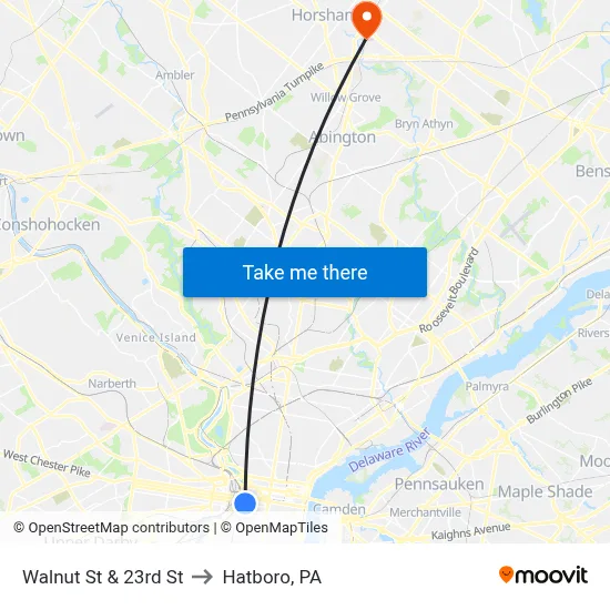 Walnut St & 23rd St to Hatboro, PA map