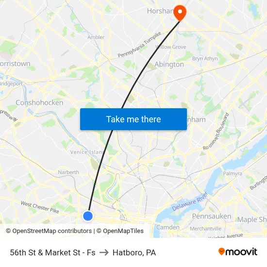 56th St & Market St - Fs to Hatboro, PA map