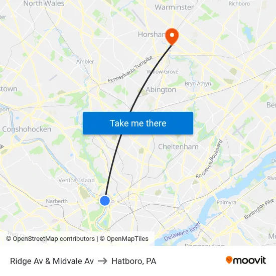 Ridge Av & Midvale Av to Hatboro, PA map