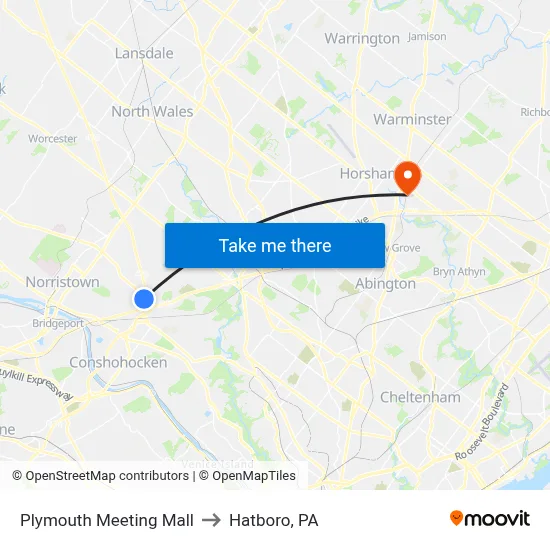 Plymouth Meeting Mall to Hatboro, PA map