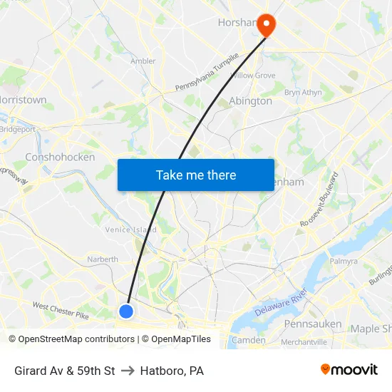 Girard Av & 59th St to Hatboro, PA map