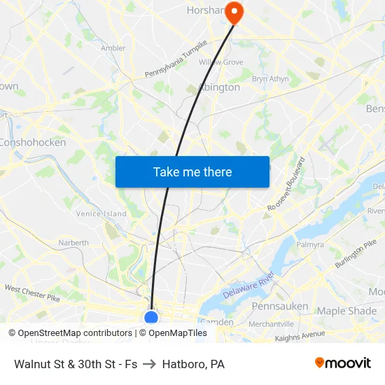 Walnut St & 30th St - Fs to Hatboro, PA map