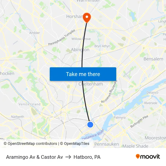 Aramingo Av & Castor Av to Hatboro, PA map