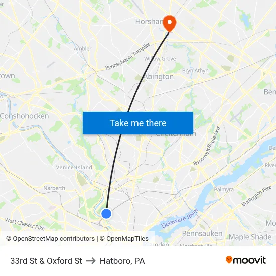 33rd St & Oxford St to Hatboro, PA map