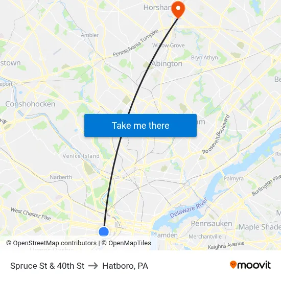 Spruce St & 40th St to Hatboro, PA map