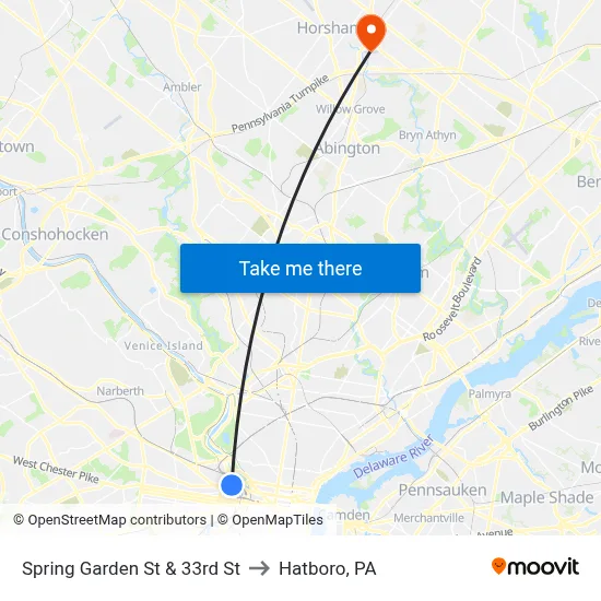 Spring Garden St & 33rd St to Hatboro, PA map