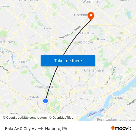 Bala Av & City Av to Hatboro, PA map