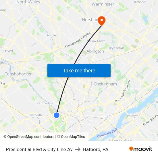 Presidential Blvd & City Line Av to Hatboro, PA map