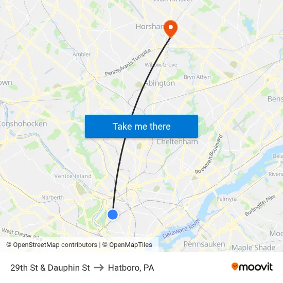 29th St & Dauphin St to Hatboro, PA map