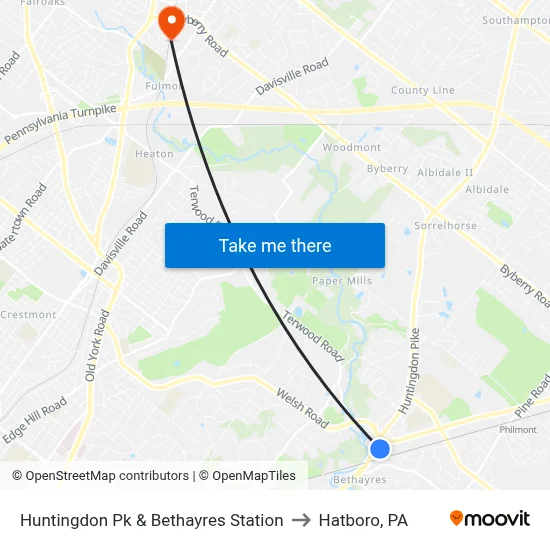 Huntingdon Pk & Bethayres Station to Hatboro, PA map