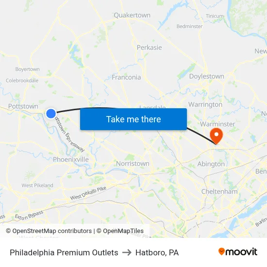 Philadelphia Premium Outlets to Hatboro, PA map