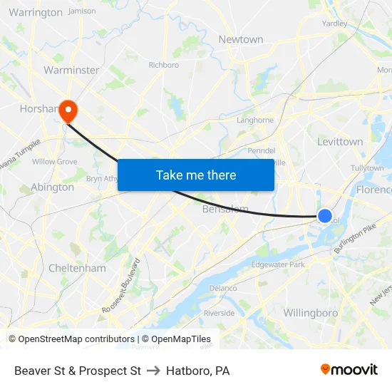 Beaver St & Prospect St to Hatboro, PA map
