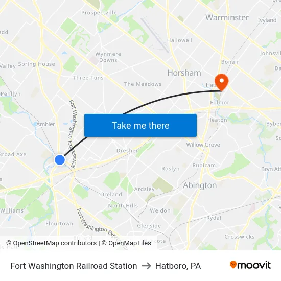 Fort Washington Railroad Station to Hatboro, PA map