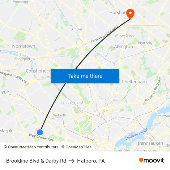 Brookline Blvd & Darby Rd to Hatboro, PA map
