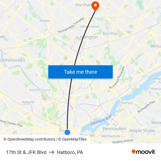 17th St & JFK Blvd to Hatboro, PA map
