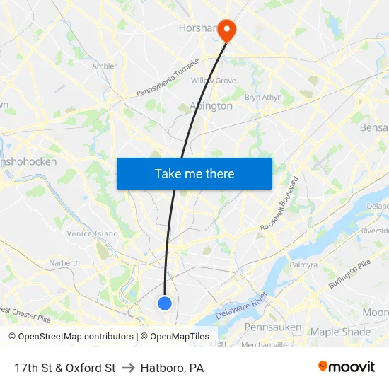 17th St & Oxford St to Hatboro, PA map