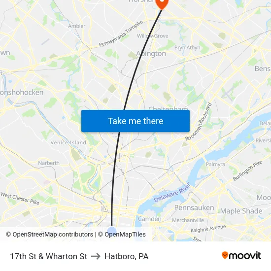 17th St & Wharton St to Hatboro, PA map