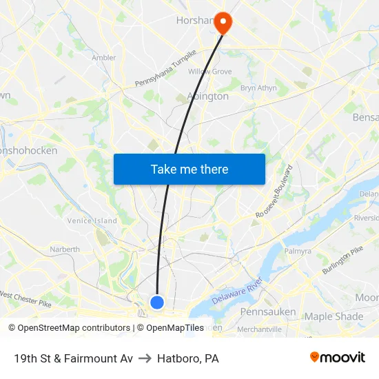 19th St & Fairmount Av to Hatboro, PA map