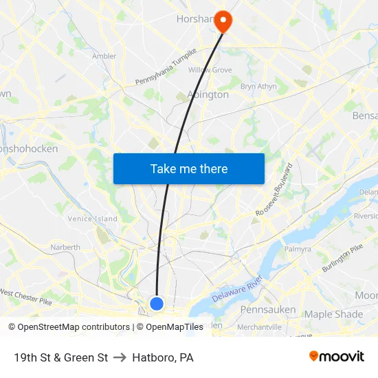 19th St & Green St to Hatboro, PA map
