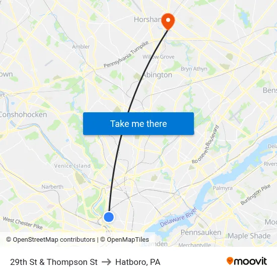 29th St & Thompson St to Hatboro, PA map