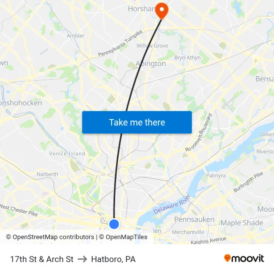 17th St & Arch St to Hatboro, PA map