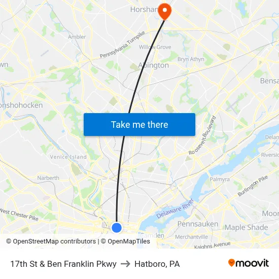 17th St & Ben Franklin Pkwy to Hatboro, PA map