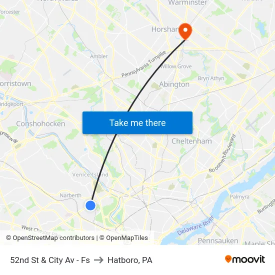 52nd St & City Av - Fs to Hatboro, PA map