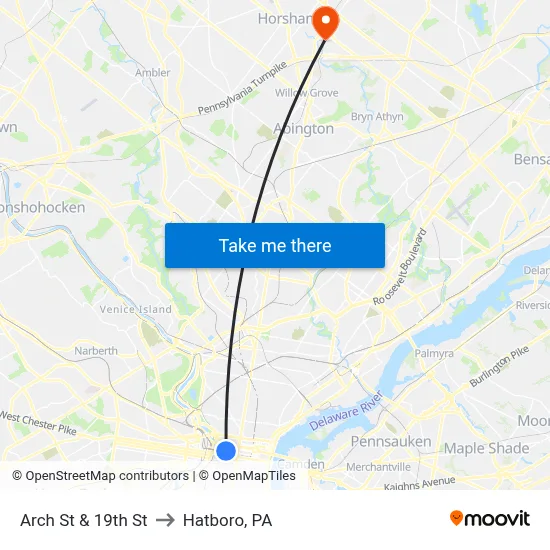 Arch St & 19th St to Hatboro, PA map