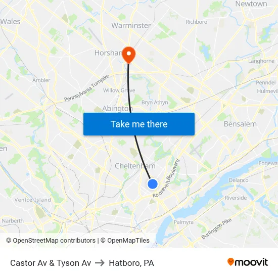 Castor Av & Tyson Av to Hatboro, PA map
