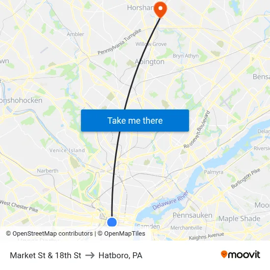 Market St & 18th St to Hatboro, PA map