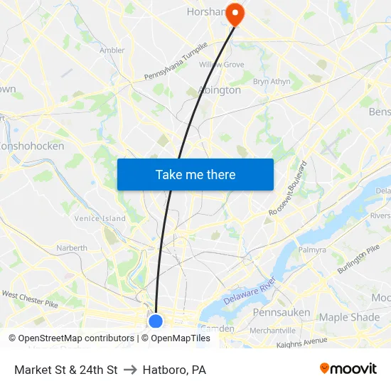 Market St & 24th St to Hatboro, PA map