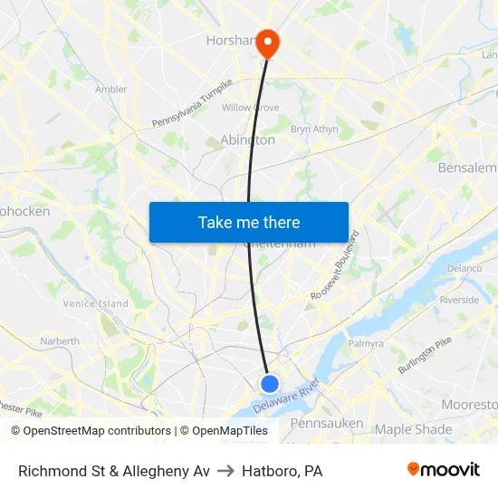 Richmond St & Allegheny Av to Hatboro, PA map