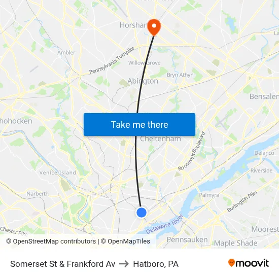 Somerset St & Frankford Av to Hatboro, PA map