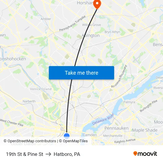 19th St & Pine St to Hatboro, PA map